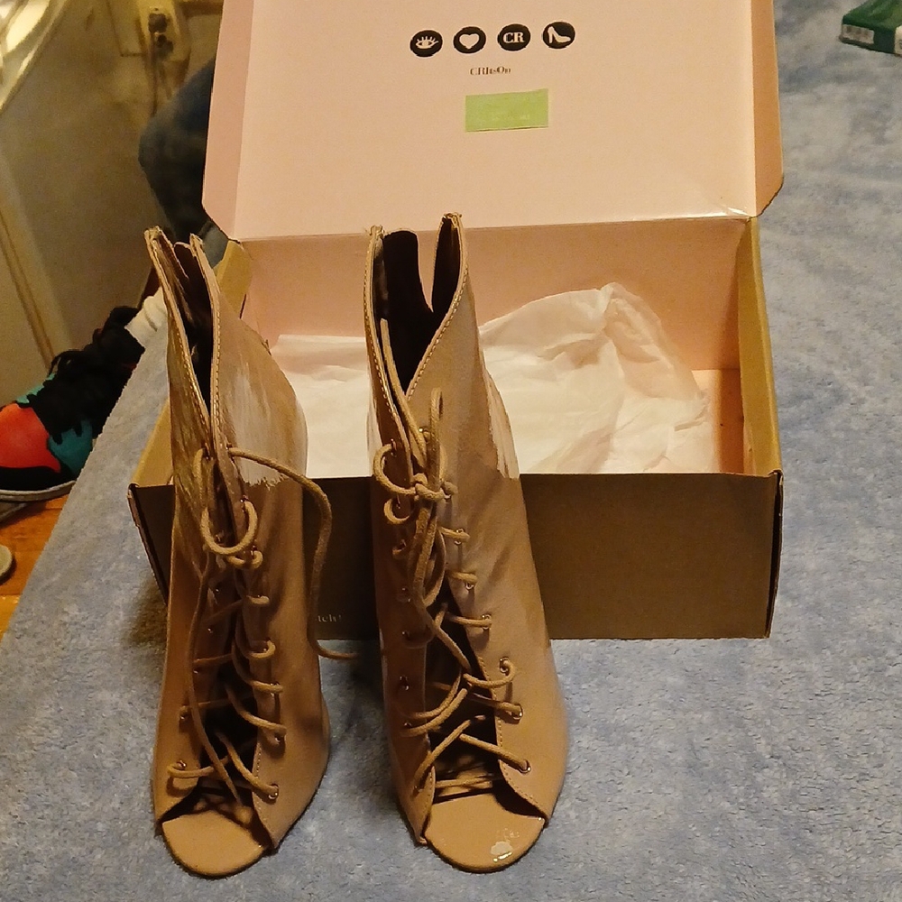 Charlotte Russe Tan Lace-Up Peep Toe Boots